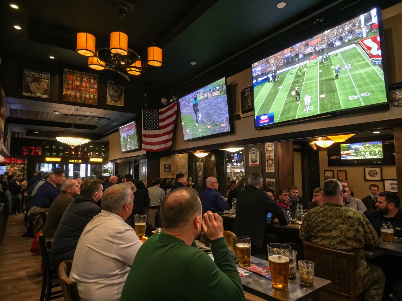 A dynamic image showcasing a diverse group of sports fans excitedly watching a football match on a large screen in a modern sports bar, emphasizing the thrill and community of sports betting.